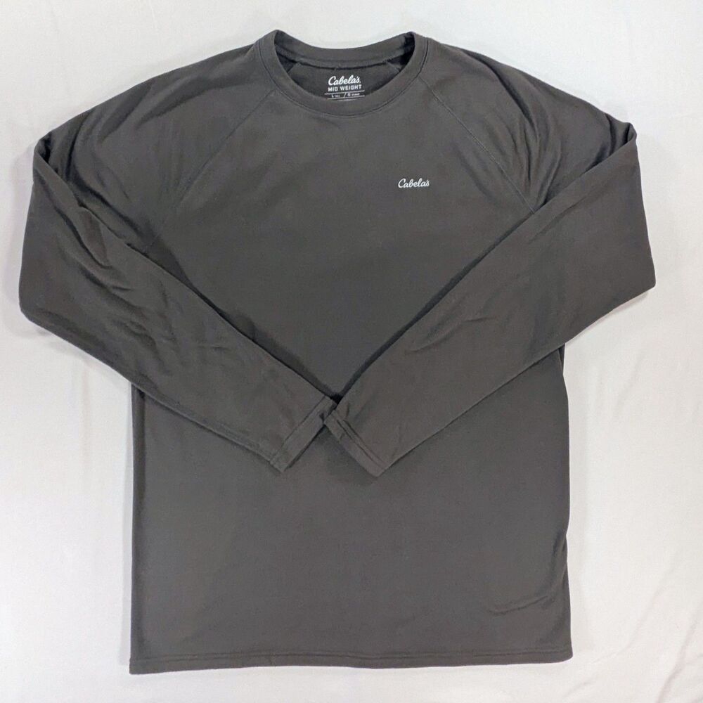 Cabelas Midweight Base Layer Shirt Mens large Gray fleece Crew long sleeve